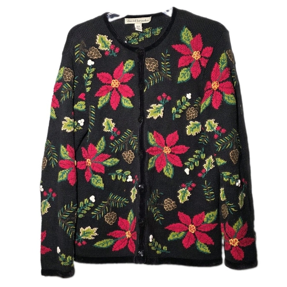 David Brooks Christmas Cardigan Sweater Size Medium Poinsettia Floral & Pinecone